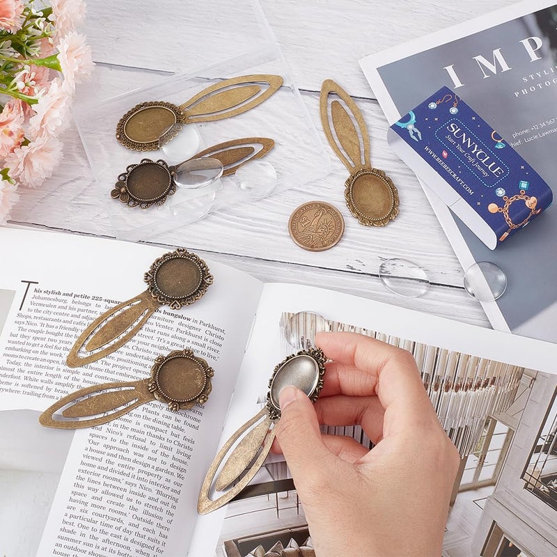 SUNNYCLUE 1 Box 16Pcs DIY 8 Sets Vintage Bookmark Metal Antique Bronze Bookmark Bezel Tray Cabochon Book Marks Making Kit Clear Glass Cabochons Book Mark Blank Bezels for Adults DIY Crafts - Image 3
