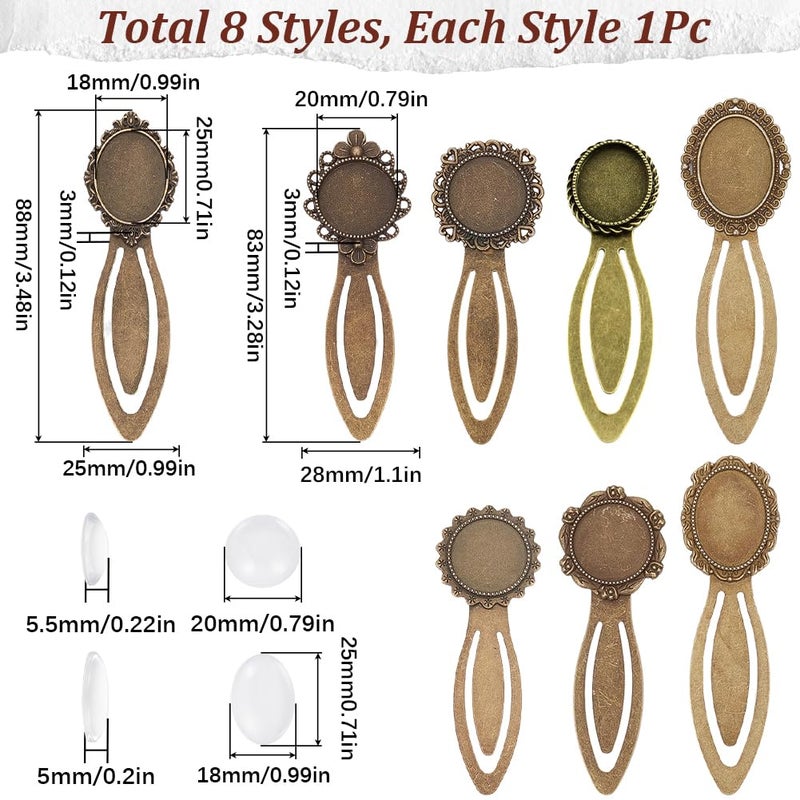 SUNNYCLUE 1 Box 16Pcs DIY 8 Sets Vintage Bookmark Metal Antique Bronze Bookmark Bezel Tray Cabochon Book Marks Making Kit Clear Glass Cabochons Book Mark Blank Bezels for Adults DIY Crafts - Image 2