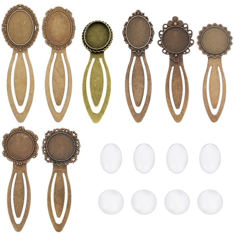 SUNNYCLUE 1 Box 16Pcs DIY 8 Sets Vintage Bookmark Metal Antique Bronze Bookmark Bezel Tray Cabochon Book Marks Making Kit Clear Glass Cabochons Book Mark Blank Bezels for Adults DIY Crafts - Image 1