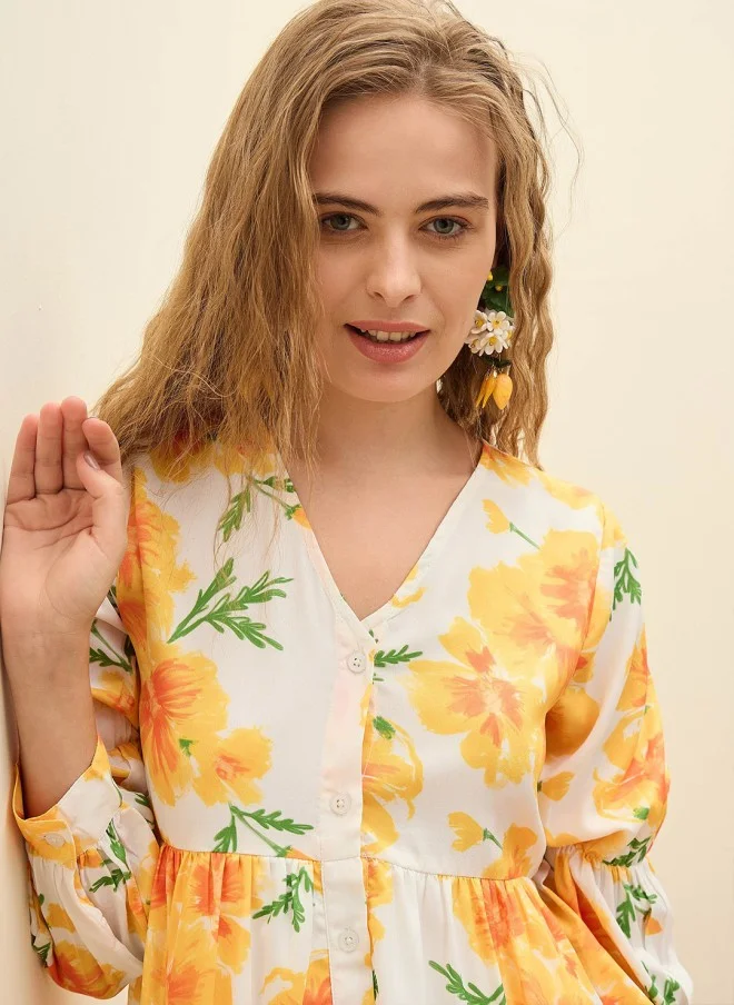 SASSAFRAS Floral Print Georgette Shirt Dress for Women