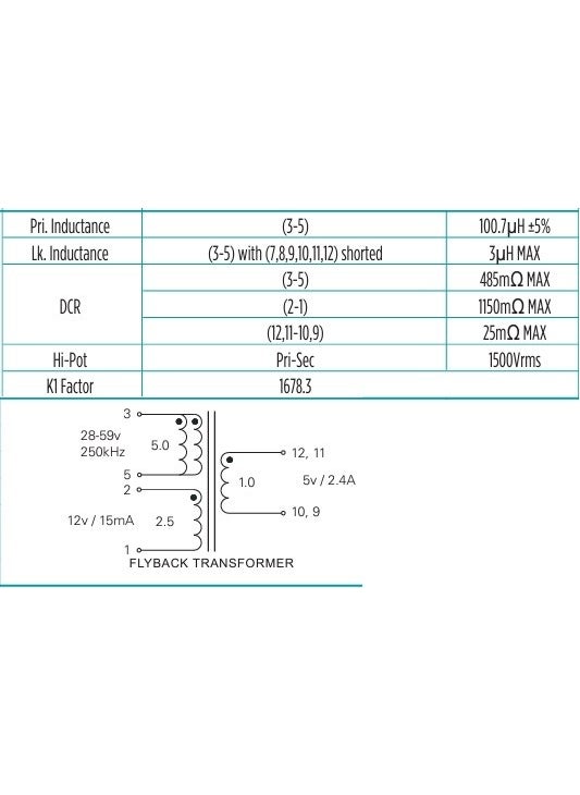 Pulse PA1646NL Switching Transformers 1234-S 1241-M1 Switching Transformer 5:2.5:1 0.025OHM/0.485OHM Prim. Dcr 1.15OHM San. Dcr 40W 12 Terminals Gull Wing Smd  - Image 2