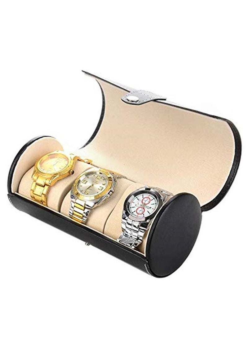 3 PcS High Grade Leather Watch Bracelet Storage Cylinder Box Black Travel - Image 1