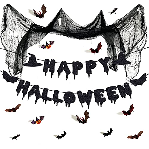 Festiko® Happy Halloween Banner Black Glitter (1 Pc), Spooky Decor, Creepy Decorations, Haunted House Decor - Image 1