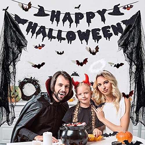Festiko® Happy Halloween Banner Black Glitter (1 Pc), Spooky Decor, Creepy Decorations, Haunted House Decor - Image 2