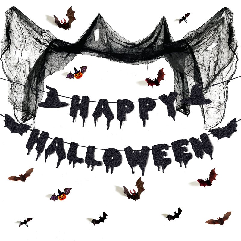 Festiko® Happy Halloween Banner Black Glitter (1 Pc), Spooky Decor, Creepy Decorations, Haunted House Decor - Image 5
