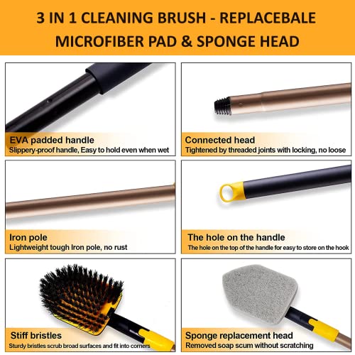 MinuteToCleanIt Floor Bathroom Cleaning Brush with Long Handle, Hard Brush, Microfiber Pad & Scrub Combo for Tiles, Kitchen, Toilet, Window Glass - 58.2 Inch Extendable Pole, Detachable Head, Yellow - Image 3