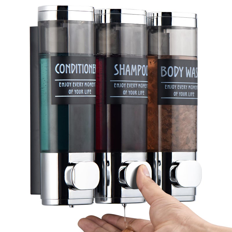 GlintGath Shampoo and Conditioner Dispenser,GlintGath Shower Dispenser 3 Chamber No Drill Shampoo Dispenser for Shower Wall Mounted Shower Soap Dispenser for Bathroom Hotel,3 * 300ML,Chrome - Image 1