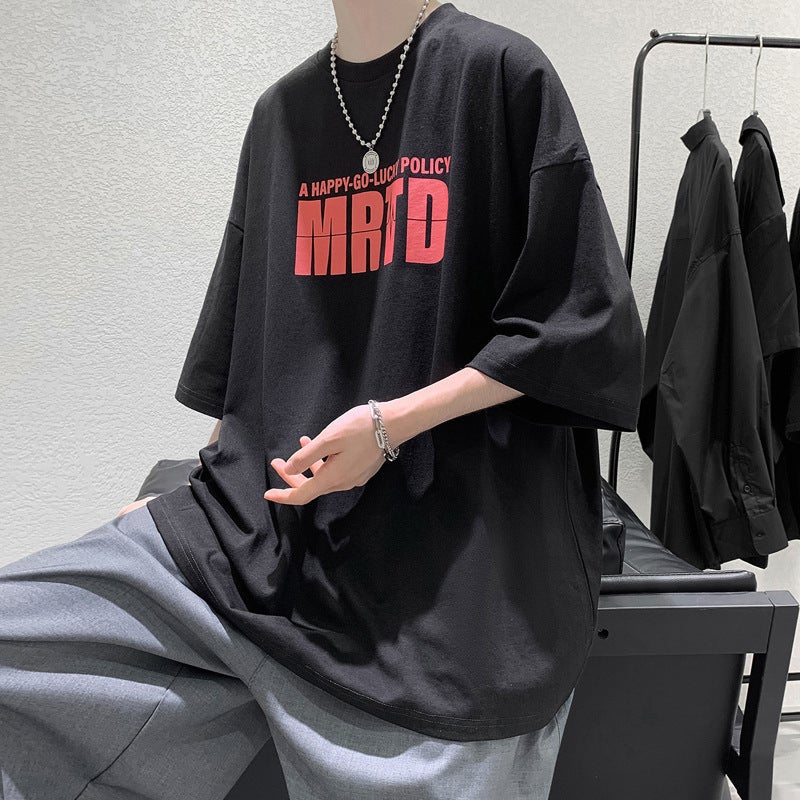 Summer Short-sleeved T-shirt Men's Trendy Brand Half-sleeved Loose All-match bf Harajuku Style Five-point Top Clothes Men's ins Hong Kong Style T-shirt - Image 1