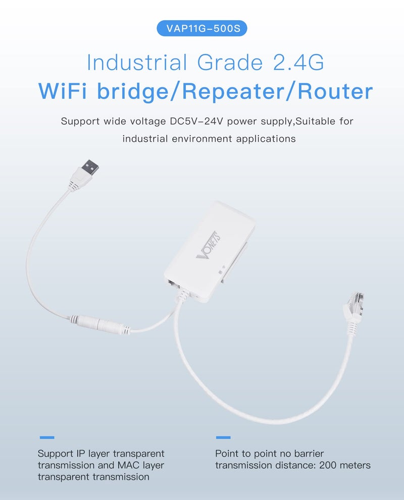 Vonets 【Upgraded Version】 VONETS VAP11G-500S Industrial High-Power 2.4GHz WiFi Bridge/Wireless Router/Ethernet WiFi to Ethernet Adapter for Industrial Application, PLC, Printer, Medical, Network Devices - Image 2