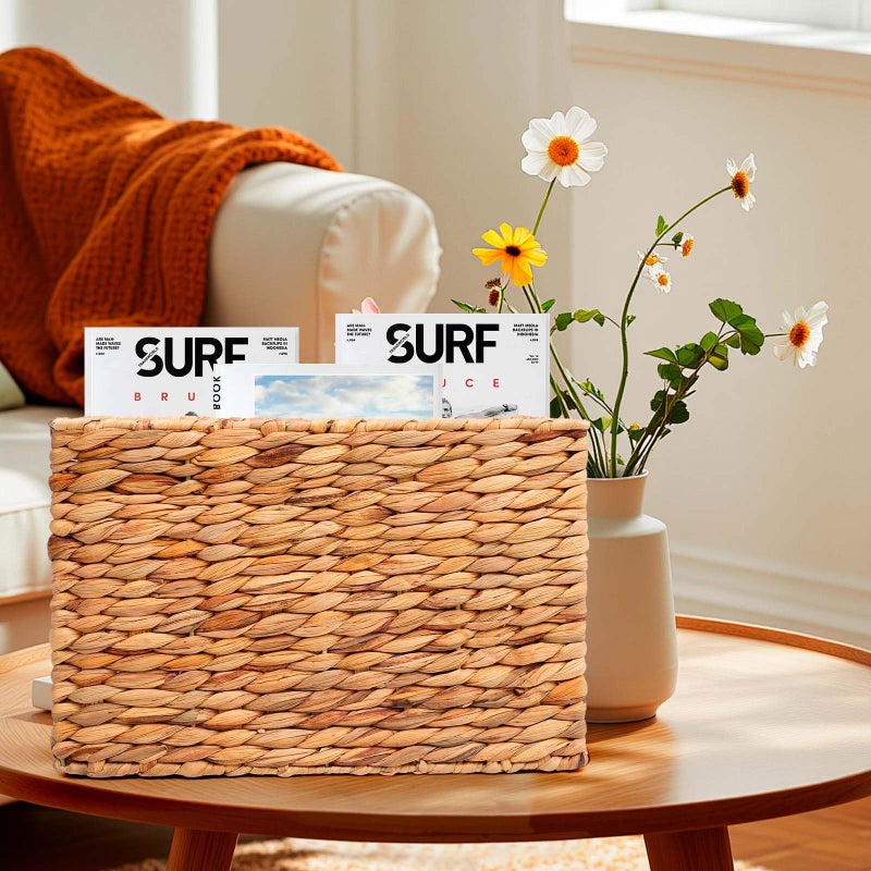 Boershun Magazines Holder Basket - Wicker Magazine Basket, Handwoven Magazine Holders for Bathroom,Home Magazine Storage Basket, Water Hyacinth Magazine Rack Organizer for Books, Newspapers, Narrow Rectangle - Image 4