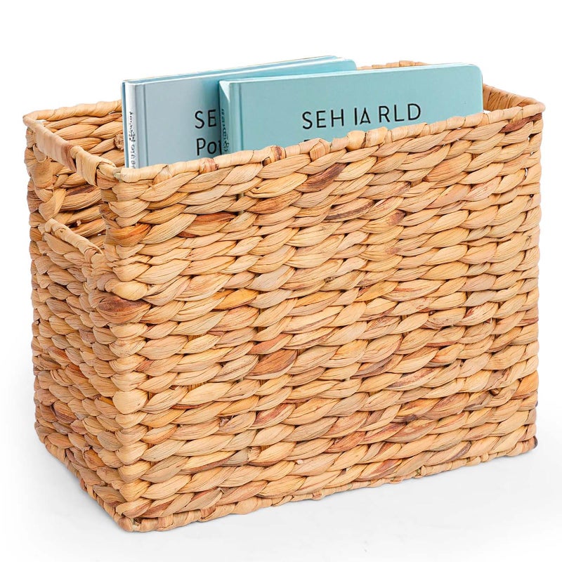 Boershun Magazines Holder Basket - Wicker Magazine Basket, Handwoven Magazine Holders for Bathroom,Home Magazine Storage Basket, Water Hyacinth Magazine Rack Organizer for Books, Newspapers, Narrow Rectangle - Image 1