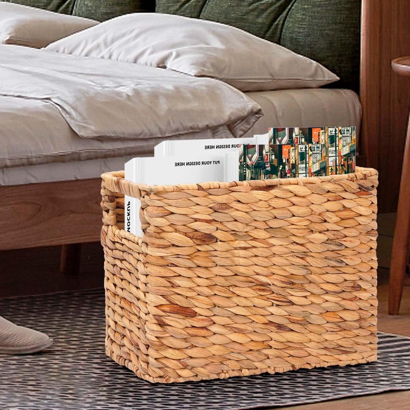 Boershun Magazines Holder Basket - Wicker Magazine Basket, Handwoven Magazine Holders for Bathroom,Home Magazine Storage Basket, Water Hyacinth Magazine Rack Organizer for Books, Newspapers, Narrow Rectangle - Image 2