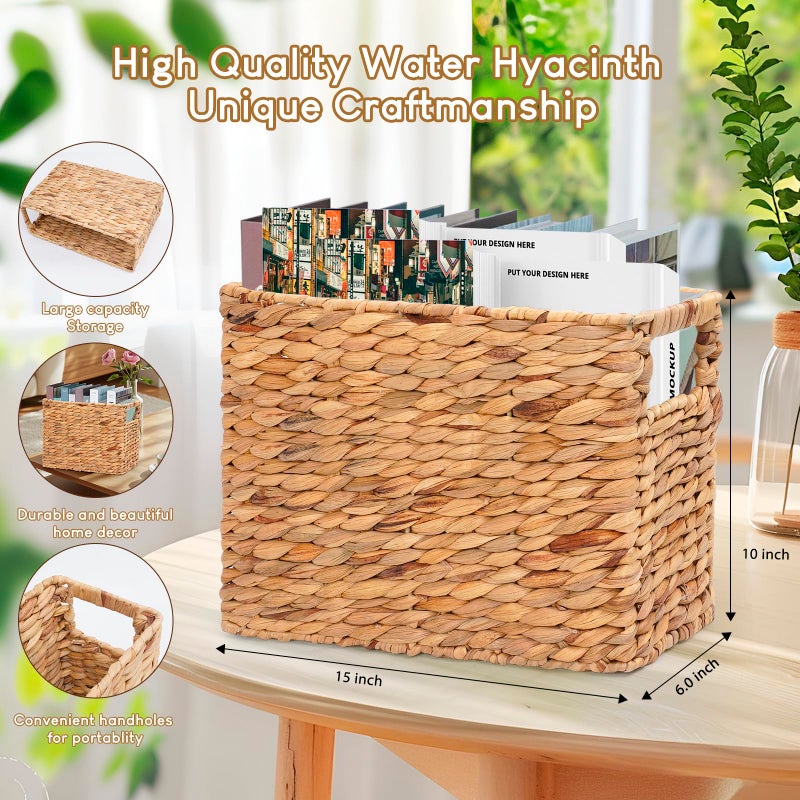Boershun Magazines Holder Basket - Wicker Magazine Basket, Handwoven Magazine Holders for Bathroom,Home Magazine Storage Basket, Water Hyacinth Magazine Rack Organizer for Books, Newspapers, Narrow Rectangle - Image 3