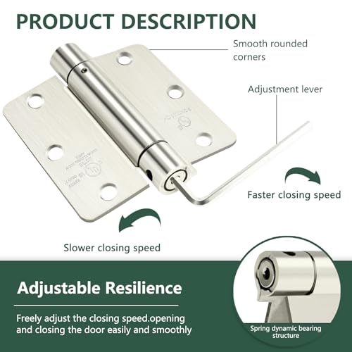 SORGMACH Self Closing Hinge 3 ½"x 3 ½" Satin Nickel Auto Close Adjustable 3 1/2 Inch Spring Hinges Door Closer Hinge 1/4" Radius Corner for Commercial Grade Auto Self-Closing 3 Pieces - Image 2