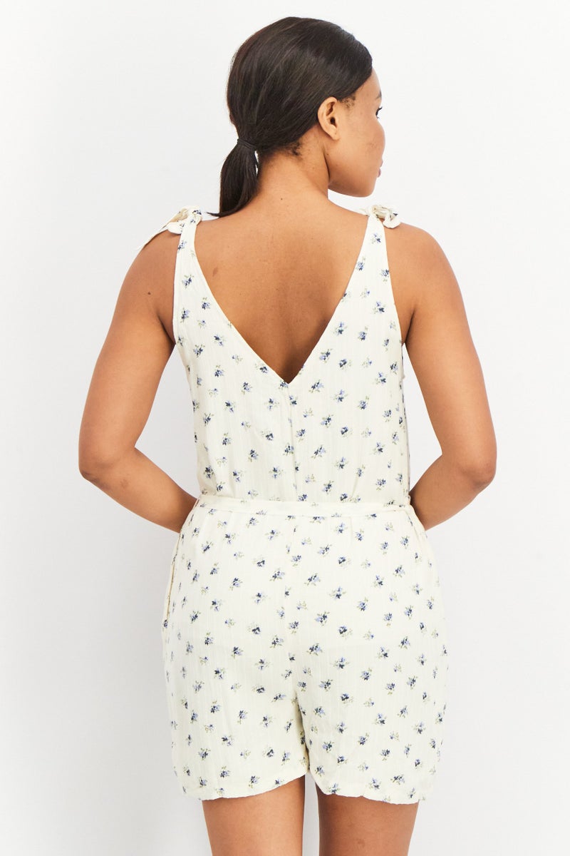 PIECES Women Floral Printed Sleeveless Playsuit, Ivory  - Image 3