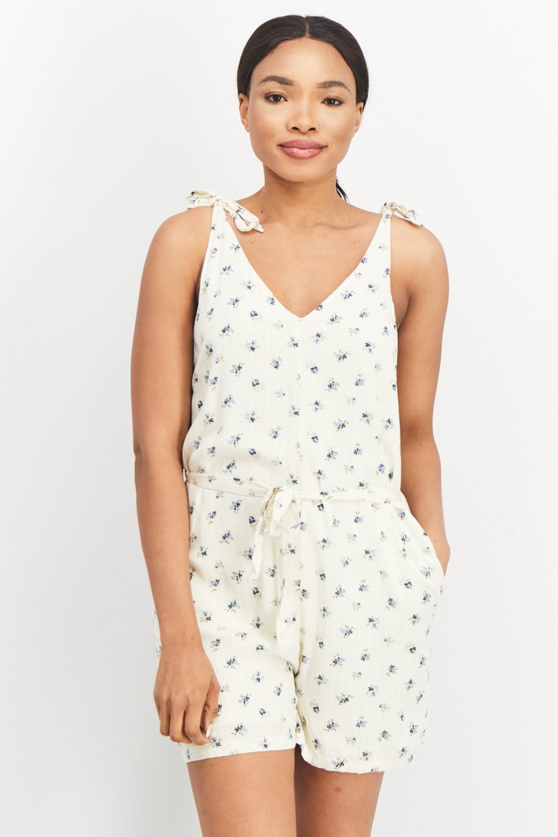 PIECES Women Floral Printed Sleeveless Playsuit, Ivory  - Image 1