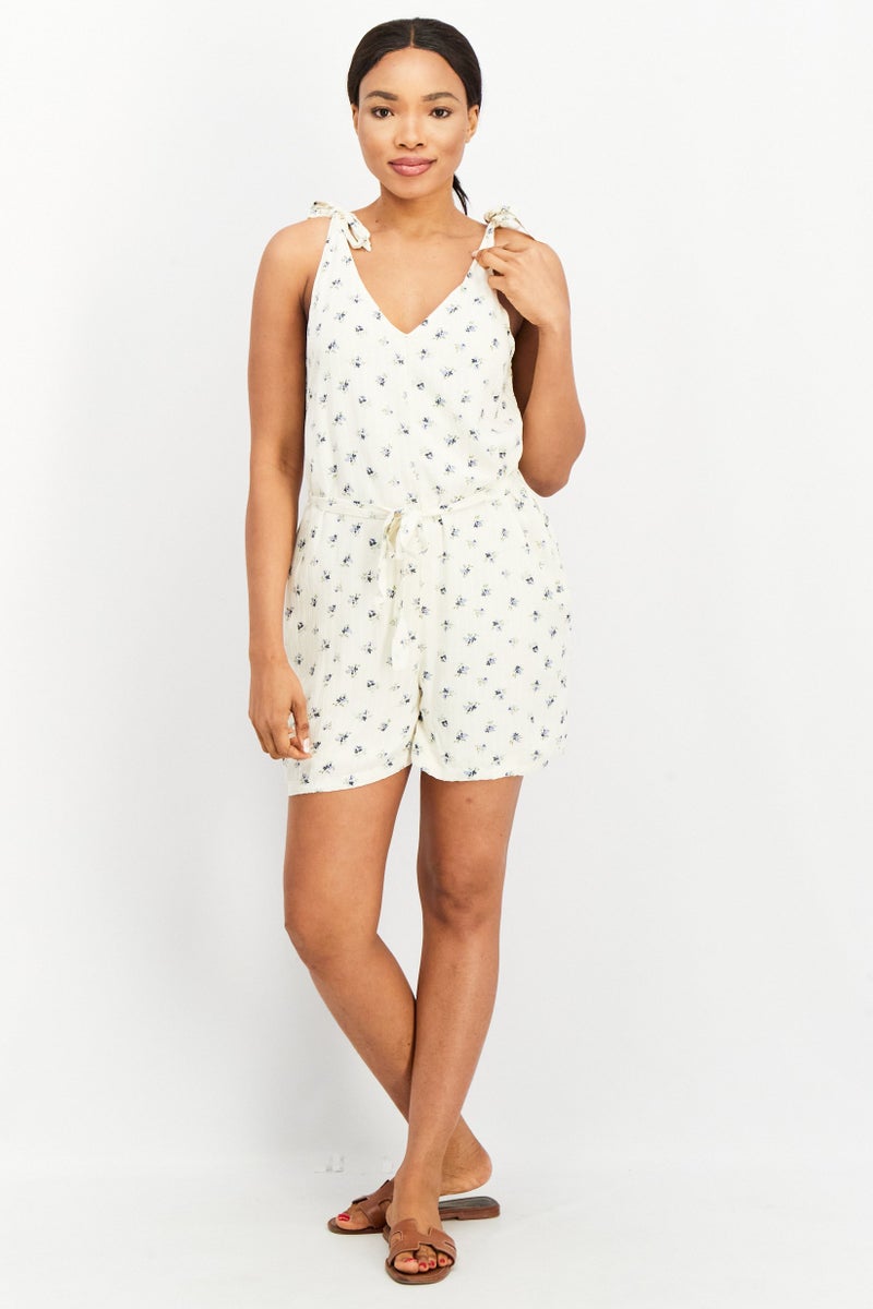 PIECES Women Floral Printed Sleeveless Playsuit, Ivory  - Image 4