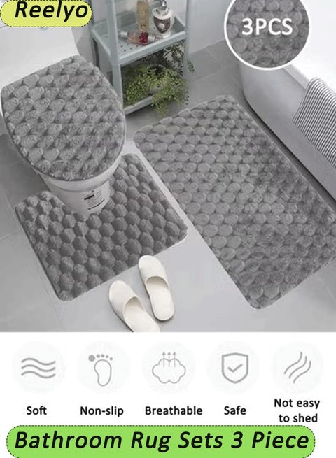 Bathroom Rugs Sets 3 Piece Soft Absorbent Microfiber Bath Mats and U-Shaped Contour Toilet Rug, Non-Slip, Home Decor Accessories, Plush Shaggy Bath Mat Set for Bathroom