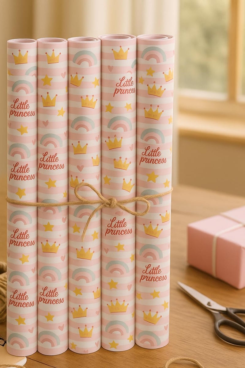 ARTSY® Little Princess Gift Wrapping Paper Roll Pack of 5 – Premium Kraft Paper Sheets Gift Packing – 50 x 70 cm Each - Image 1
