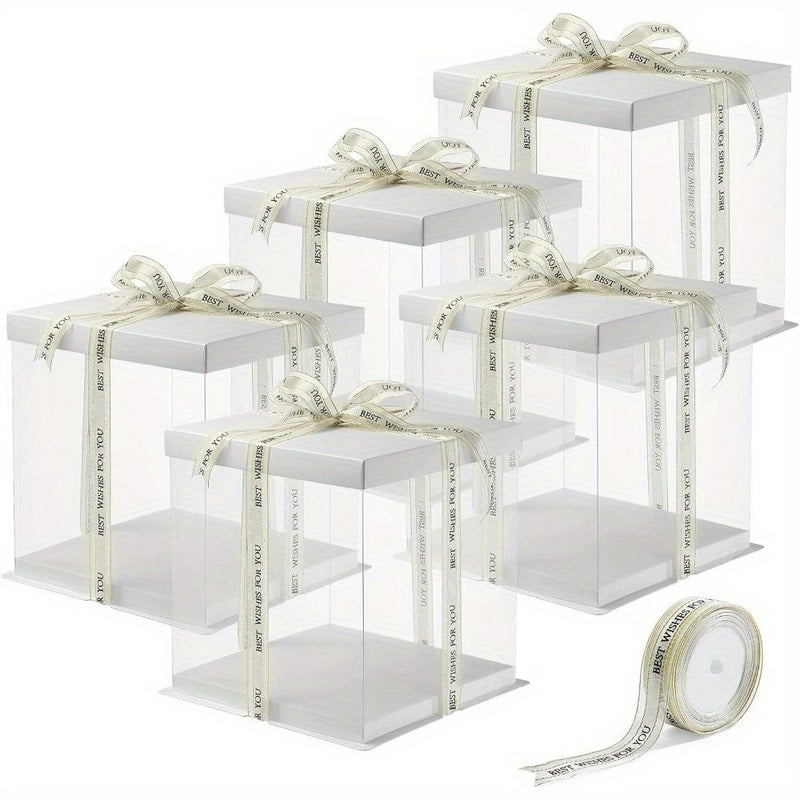 White Tall Five Clear Cake Box With Ribbons Transparent Gift Container - Image 1
