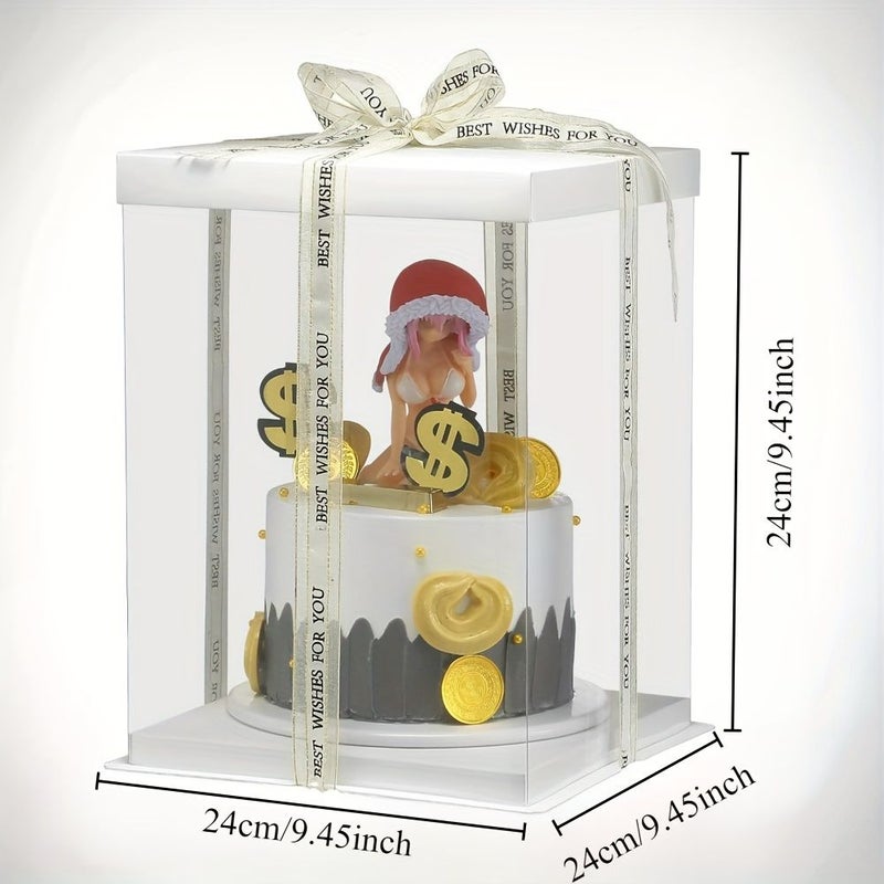 White Tall Five Clear Cake Box With Ribbons Transparent Gift Container - Image 3
