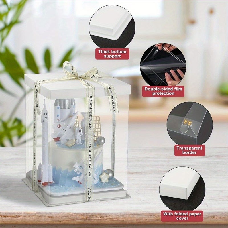 White Tall Five Clear Cake Box With Ribbons Transparent Gift Container - Image 2
