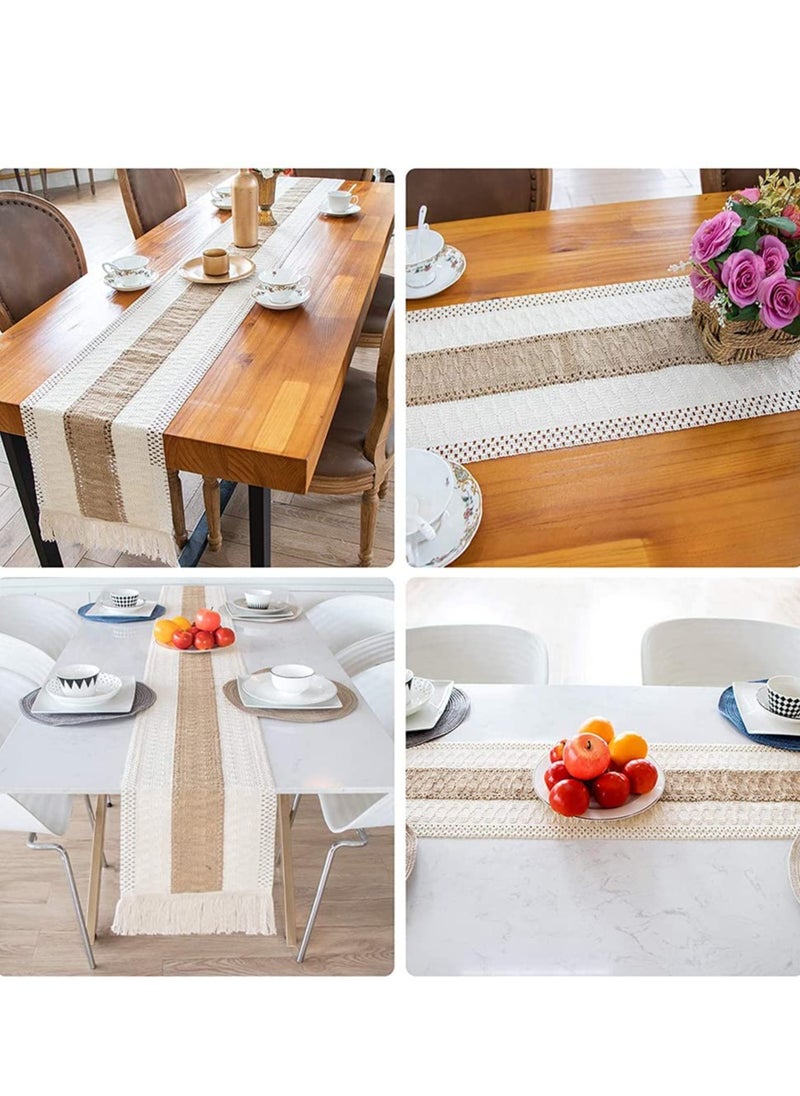 SYOSI - Macrame Table Runner Burlap Table Runners Farmhouse Style Boho Table Runners with Tassels, Rustic Splicing Cotton Table Runner for Wedding Home and Dining Table Decor - Image 1