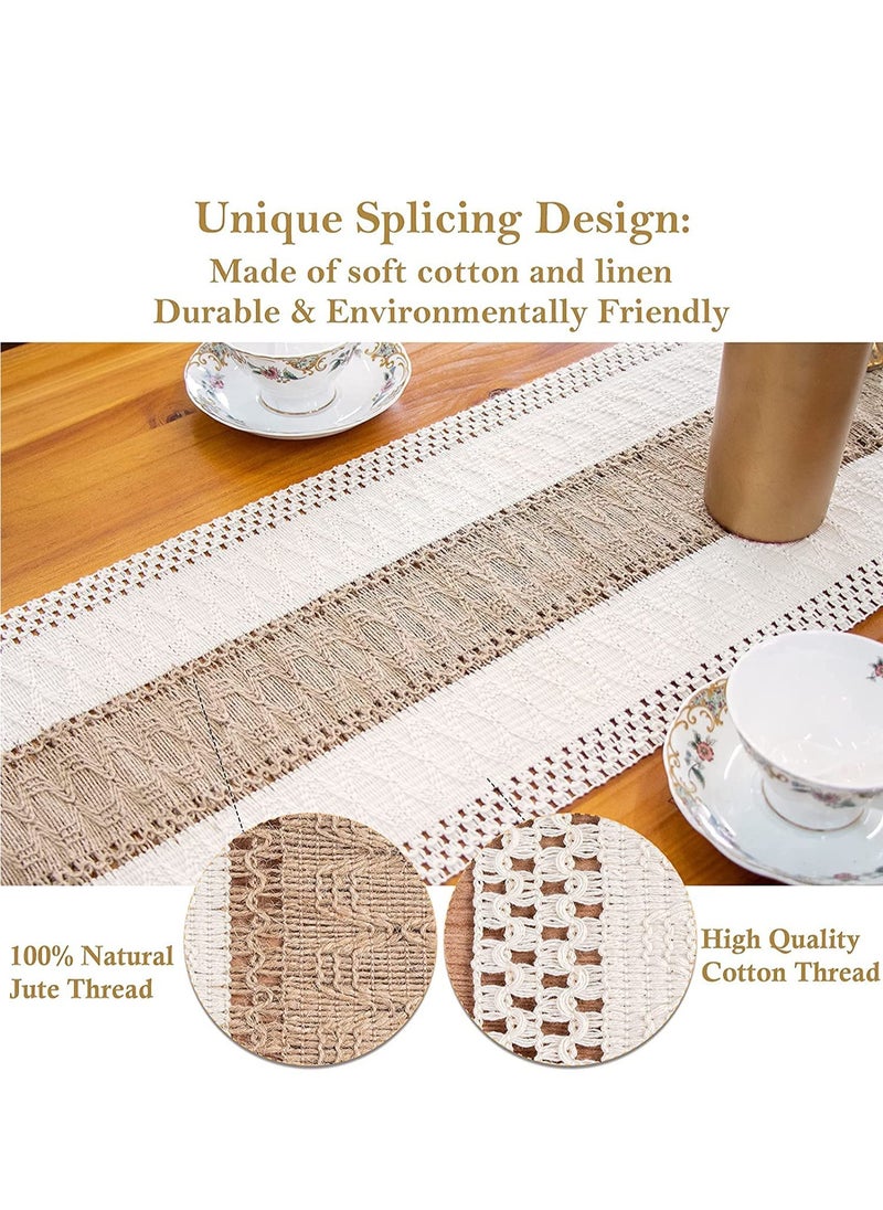 SYOSI - Macrame Table Runner Burlap Table Runners Farmhouse Style Boho Table Runners with Tassels, Rustic Splicing Cotton Table Runner for Wedding Home and Dining Table Decor - Image 1