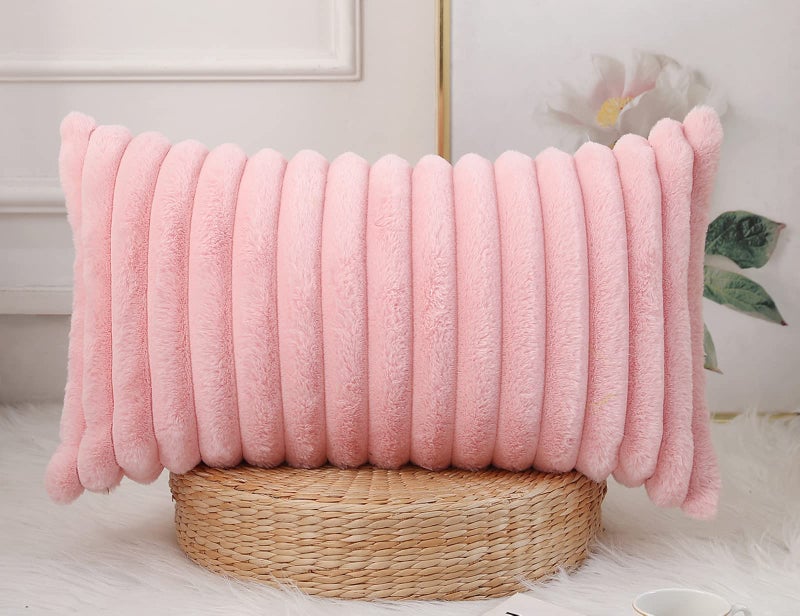 PANOD Faux Fur Decorative Lumbar Throw Pillow Covers 14 x 26 Long Boho Lumbar Pillow Covers Pillow Case Cushion Case for Bed Sofa Farmhouse Livingroom Pink - Image 1