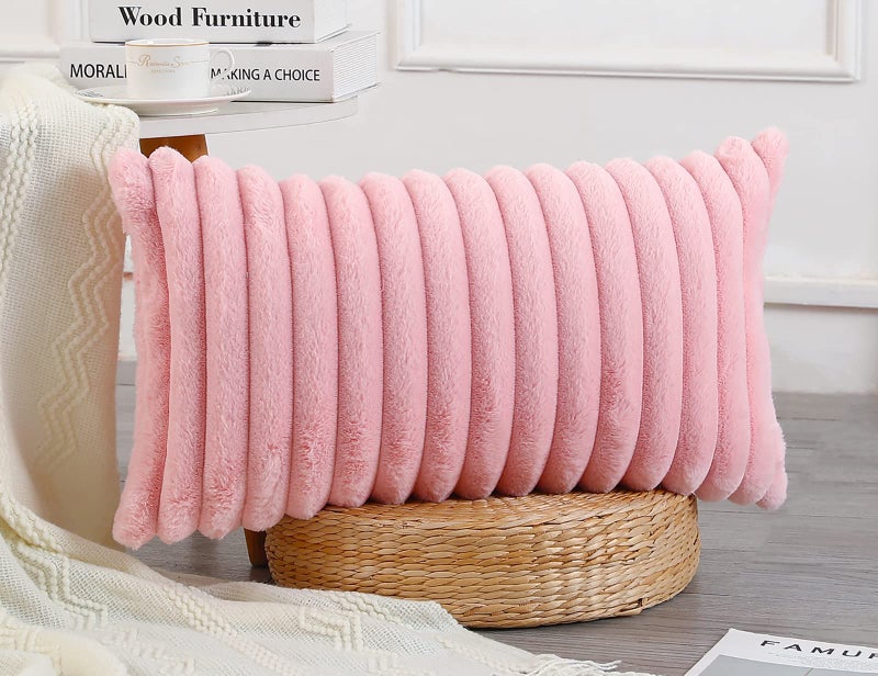 PANOD Faux Fur Decorative Lumbar Throw Pillow Covers 14 x 26 Long Boho Lumbar Pillow Covers Pillow Case Cushion Case for Bed Sofa Farmhouse Livingroom Pink - Image 3