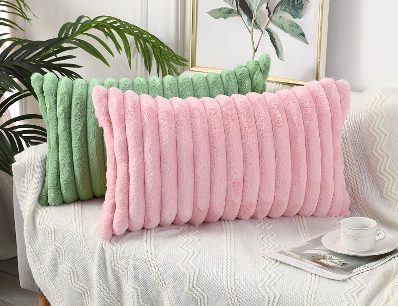 PANOD Faux Fur Decorative Lumbar Throw Pillow Covers 14 x 26 Long Boho Lumbar Pillow Covers Pillow Case Cushion Case for Bed Sofa Farmhouse Livingroom Pink - Image 2