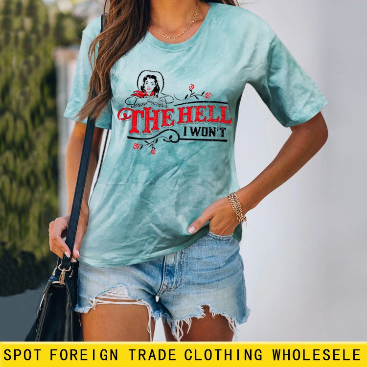 Cross-border Europe and America THE HELL I WON'T Fashion Round Neck Letter Tie Dye Print Short Sleeve T-Shirt Women 3809pinkgray(blackwordcolorpicture) L - Image 2