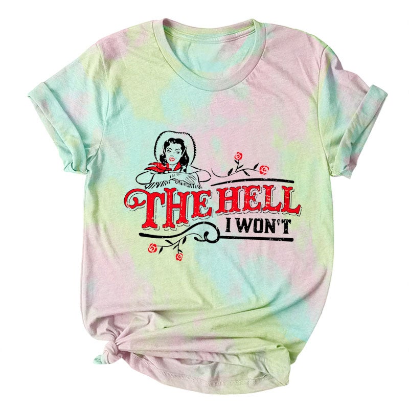 Cross-border Europe and America THE HELL I WON'T Fashion Round Neck Letter Tie Dye Print Short Sleeve T-Shirt Women 3809pinkgray(blackwordcolorpicture) L - Image 5