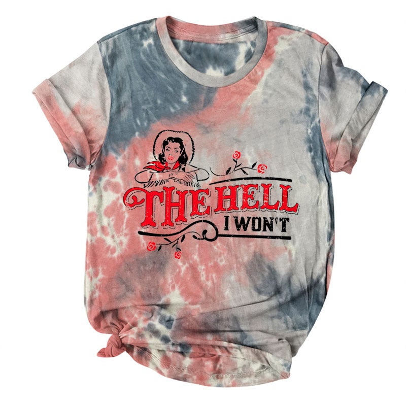 Cross-border Europe and America THE HELL I WON'T Fashion Round Neck Letter Tie Dye Print Short Sleeve T-Shirt Women 3809pinkgray(blackwordcolorpicture) L - Image 1