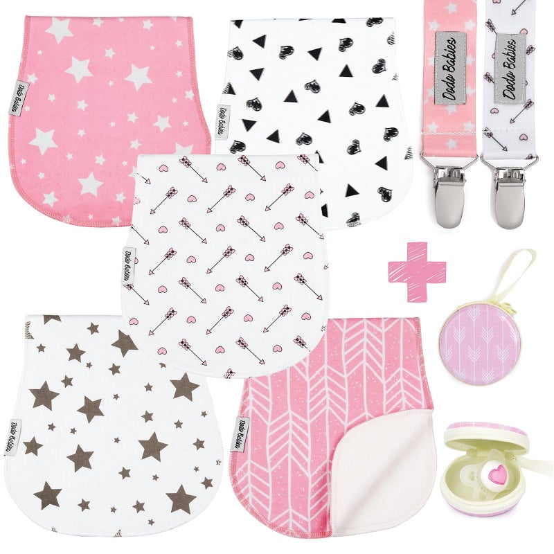 Dodo Babies 5-Pack Baby Burp Cloths - Soft & Absorbent Baby Spitup Cloths - Contoured Shape for Infant Essentials - Includes Pacifier Clips & Pacifier Case - 19 x 9 in, 2 Clips & Case, Pink/White/Grey - Image 1