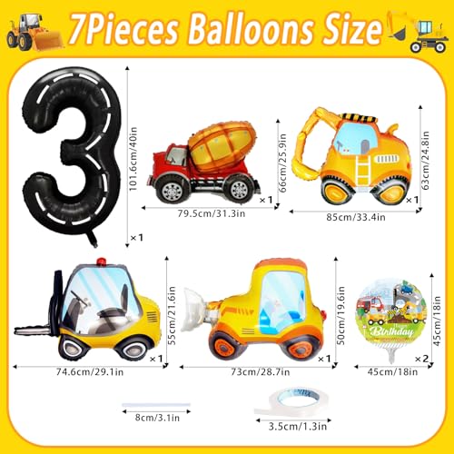 YiYou 7 Pcs Construction Balloons 40 Inch Number 3 Foil Balloons Excavator Truck Forklift Bulldozer Construction Birthday Balloons for Boys Construction Themed 3rd Birthday Truck Party Decorations Supplies - Image 5
