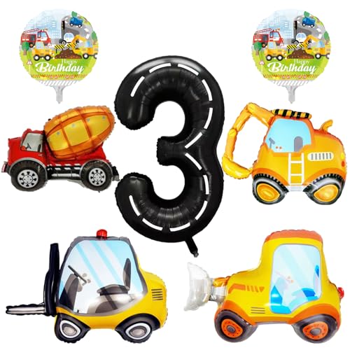 YiYou 7 Pcs Construction Balloons 40 Inch Number 3 Foil Balloons Excavator Truck Forklift Bulldozer Construction Birthday Balloons for Boys Construction Themed 3rd Birthday Truck Party Decorations Supplies - Image 1