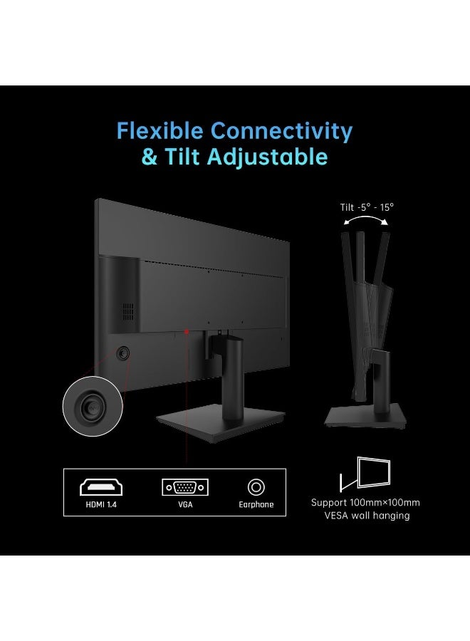 ك تي سي شاشة ألعاب KTC مقاس 24 بوصة بدقة 1080 بكسل - معدل تحديث 100 هرتز بتقنية FreeSync مع HDR10، قابلة للتركيب على حامل VESA، إمكانية تعديل الإمالة، تصميم بدون إطار، منافذ HDMI وVGA وسماعات أذن للكمبيوتر الشخصي، مناسبة للعمل المكتبي - Image 4