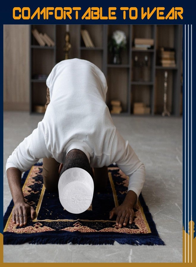 Breathffy 6 Pcs Eid Muslim Prayer Kufi Hat for Men Prayer Headwear Cap Islamic Beanie Skull Cap Embroidery Kofia Topi(White,Elegant) - Image 4