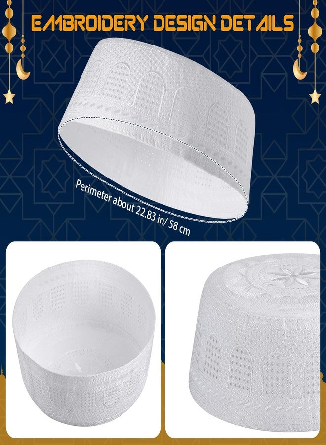 Breathffy 6 Pcs Eid Muslim Prayer Kufi Hat for Men Prayer Headwear Cap Islamic Beanie Skull Cap Embroidery Kofia Topi(White,Elegant) - Image 2