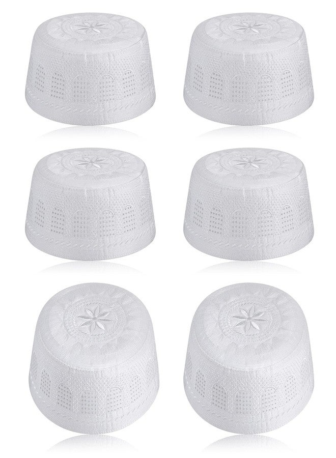 Breathffy 6 Pcs Eid Muslim Prayer Kufi Hat for Men Prayer Headwear Cap Islamic Beanie Skull Cap Embroidery Kofia Topi(White,Elegant) - Image 1