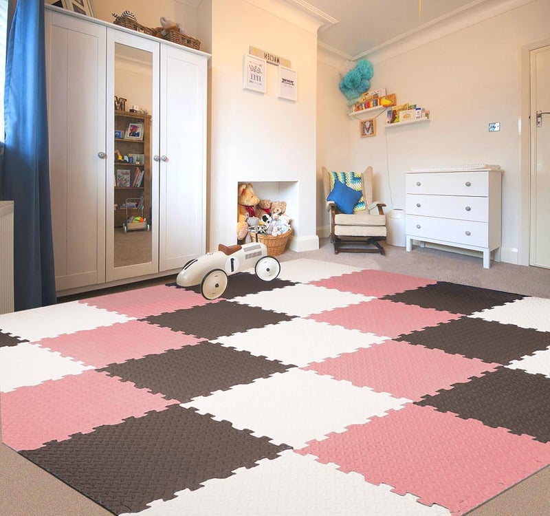 SIGNATRON Puzzle Flooring || Kids Interlocking Play mat || Shop Floor Mat || Kitchen Floor Mat || Pet Mat ||12 MM Thick (4 Tiles - 16 Square Feet, Brown - Pink - White) - Image 1