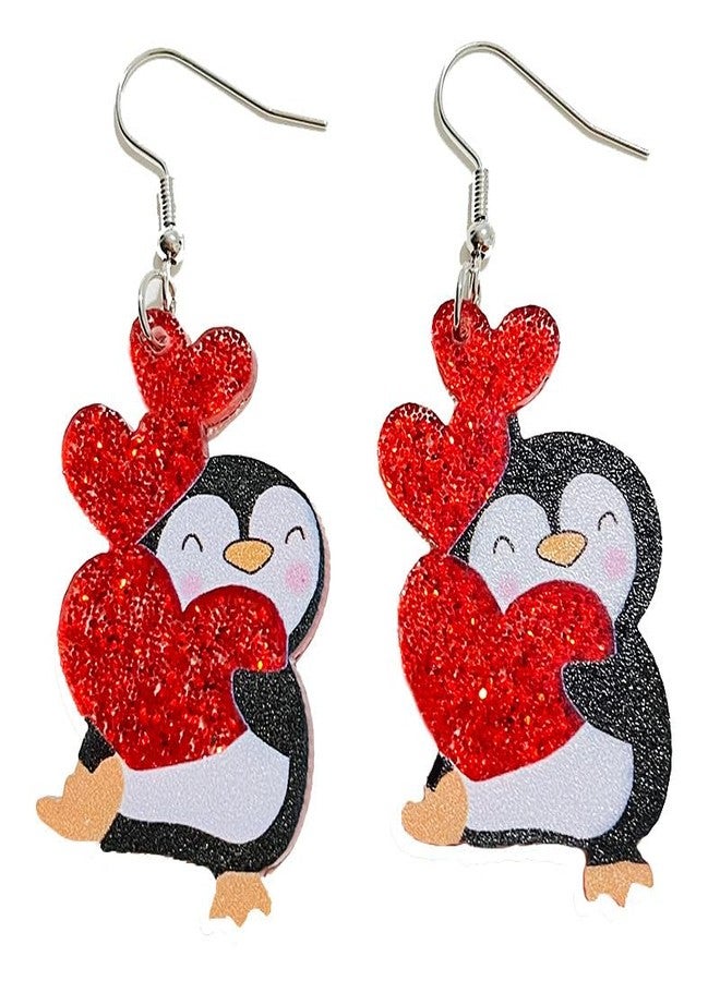 Pingyongchang Love Heart Drop Earrings for Women Statement Acrylic Cute Animals Red Earrings Valentine's Day Wedding Birthday Jewelry Mother's Day Gift Lightweight Holiday Earring for Women-Penguins - Image 1