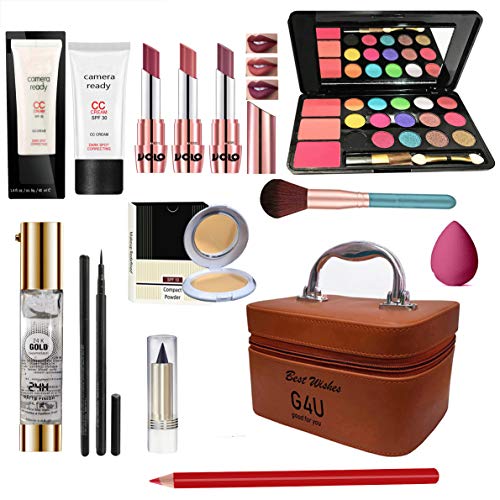 G4U All In One Makeup Kit (3 Lipstick,1 EyeShadow,1 CC Cream, Compact,Primer,Pen Liner,Kajal, Lip Liner, 1 Makeup Brush,1 Makeup Puff,1 Multi-purpose Makeup Box) Plum Pack of 13 Pcs. - Image 1