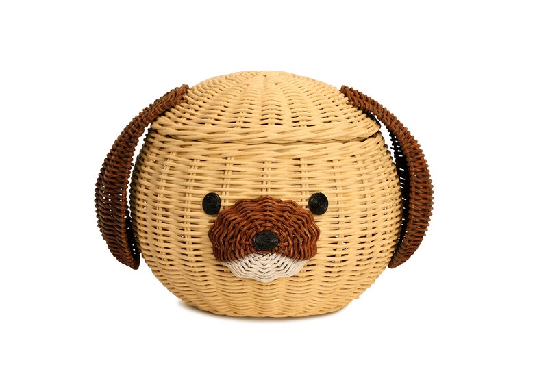 G6 COLLECTION Dog Rattan Storage Basket With Lid Decorative Bin Home Decor Hand Woven Shelf Organizer Cute Handmade Handcrafted Gift Art Decoration Artwork Wicker Puppy Dog Head