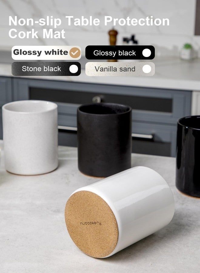 Nucookery Utensil Holder, 6.4" Ceramic Kitchen Utensil Holder with Countertop-Protection Cork Bottom, Farmhouse Kitchen Decor for Counter, Christmas Gift (White) - Image 2