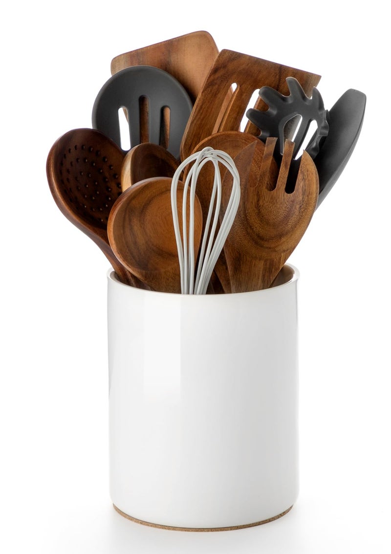 Nucookery Utensil Holder, 6.4" Ceramic Kitchen Utensil Holder with Countertop-Protection Cork Bottom, Farmhouse Kitchen Decor for Counter, Christmas Gift (White) - Image 1