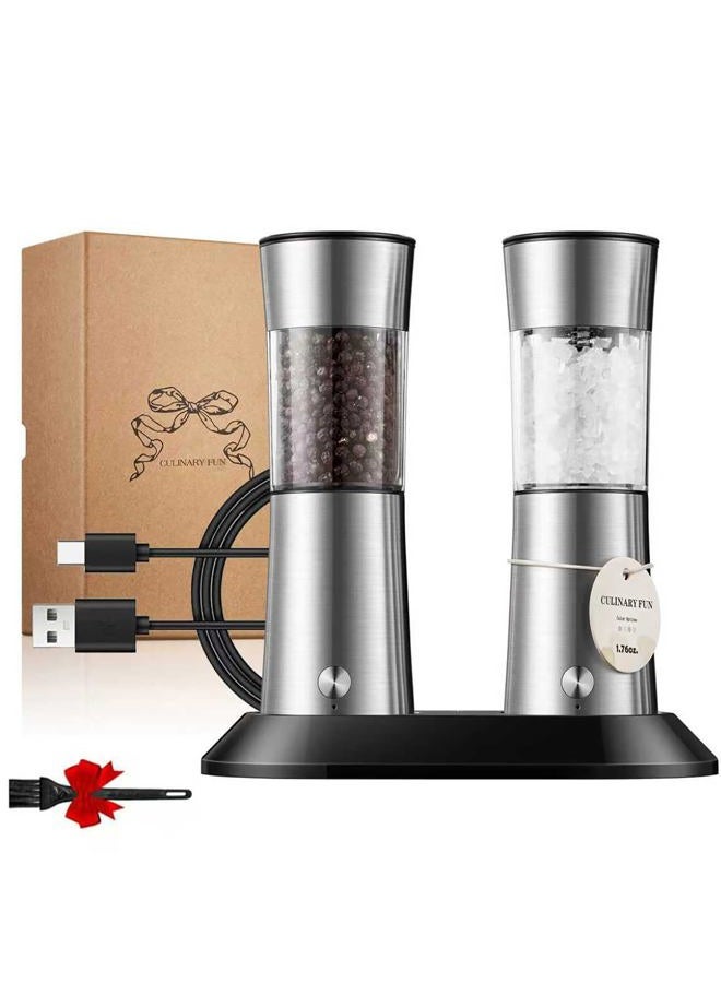 CULINARY FUN Gravity Electric Salt and Pepper Grinder Set – Rechargeable Stainless Steel Pepper Mill with USB-C Charging Base & LED Light, Adjustable Coarseness, One-Hand Operation, Washable, No Batteries Needed - Image 1