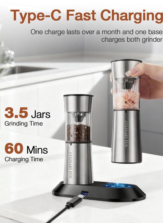 CULINARY FUN Gravity Electric Salt and Pepper Grinder Set – Rechargeable Stainless Steel Pepper Mill with USB-C Charging Base & LED Light, Adjustable Coarseness, One-Hand Operation, Washable, No Batteries Needed - Image 3