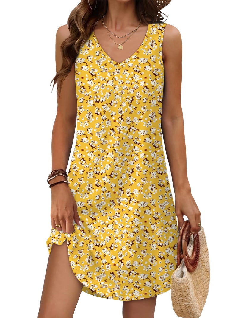 Aokosor Summer Dresses for Women 2025 Beach Vacation Essentials Casual V Neck Sleeveless Sundresses Graduation Cottagecore Floral Easter Yellow Dress M - Image 1